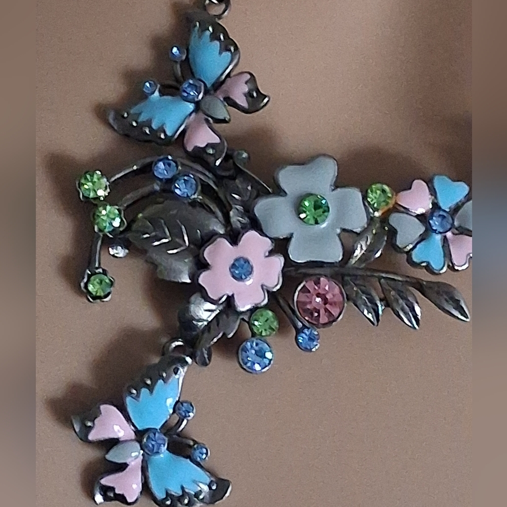 Silvertone Floral Butterfly Necklace with Blue and Pink Accents - Picture 3 of 10